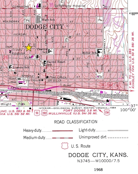 Street Map of Dodge City Kansas with Bob's Apartment General Location Highlighted.